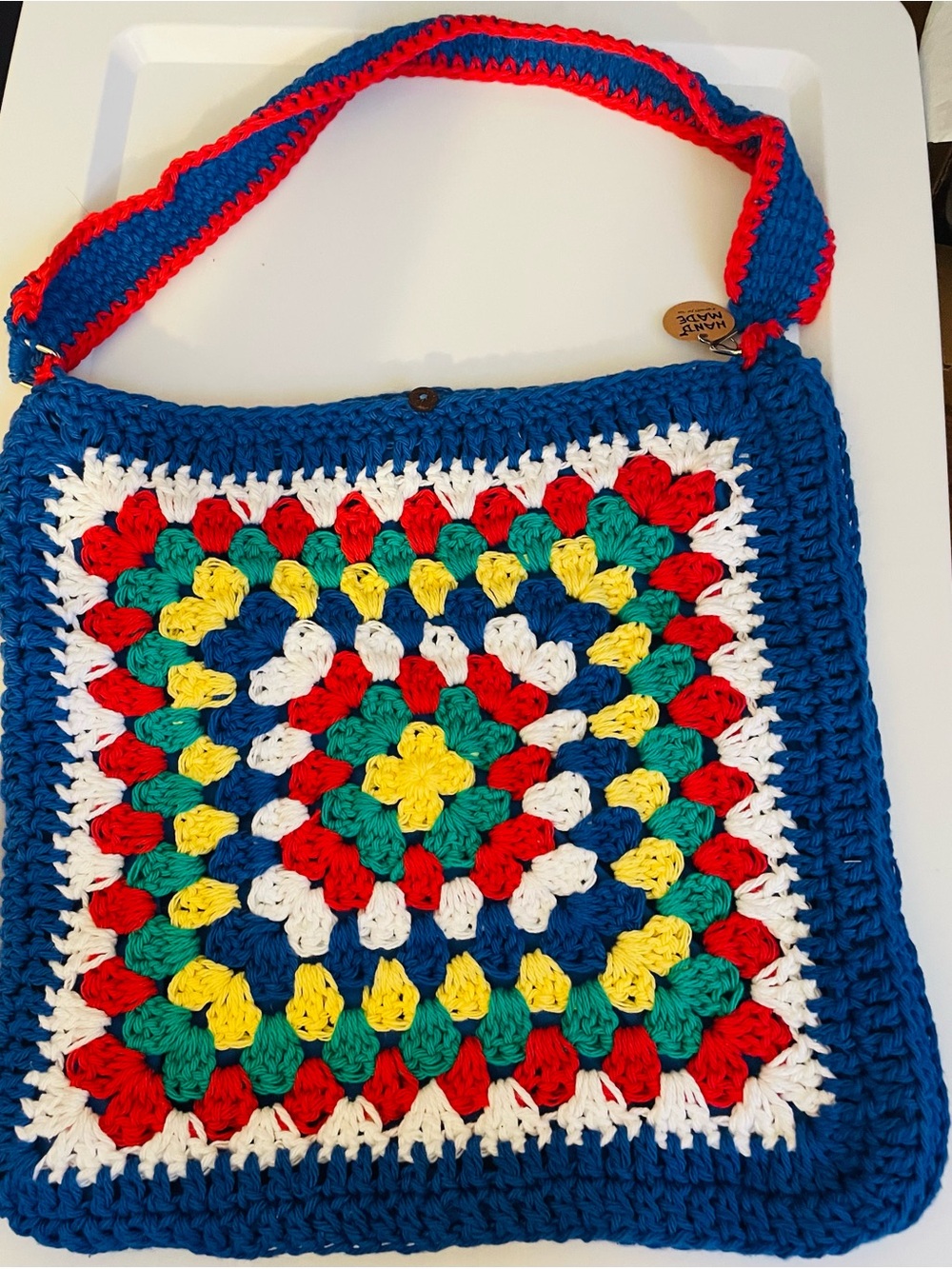 Handmade Crochet Square Shoulder Bag in Blue, Red, Green, Yellow, White